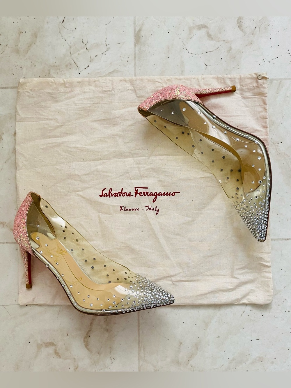 $1495 Christian Louboutin Degrastrass PVC Crystal Pink Glitter Pumps Heels 6/36